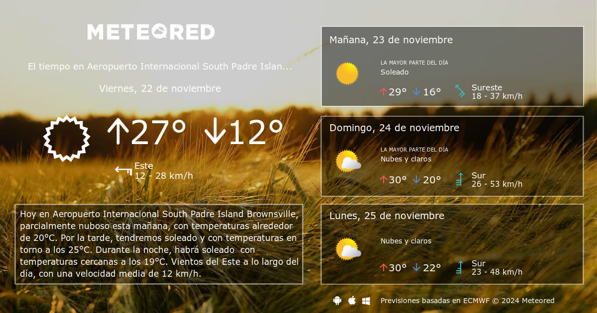 El Tiempo en Aeropuerto Internacional South Padre Island Brownsville - TX.  Predicción a 14 días - Meteored